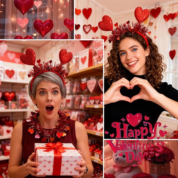 Valentines Headband with Sequin Heart Designs Red Heart Headbands Shiny Red Tassel Head Bopper Romantic Valentines Hair Accessories for Valentines Lover Party Hair Accessory Supplies 1pcs