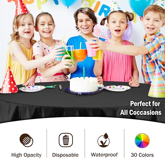 Exquisite Party Solids 6-Pack Premium Plastic Tablecloth 84in. Round Plastic Table Cover - Black