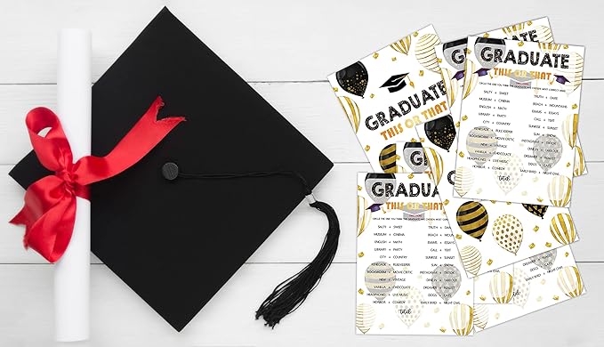 Graduation Party Games - This Or That Game Cards for The Graduate - Graduation Party Decorations 2024 - Gold & Black Grad Celebrations Party Supplies for High School/College - 30 Game Cards(F05)