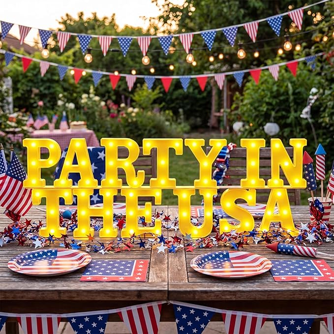 Honoson 13 Pcs 4th of July Decorations Party in The USA Lights up Signs 250th Memorial Day Patriotic Parties Table Decor Set for Independence Day Memorial Veterans Patriotic Party Decorations