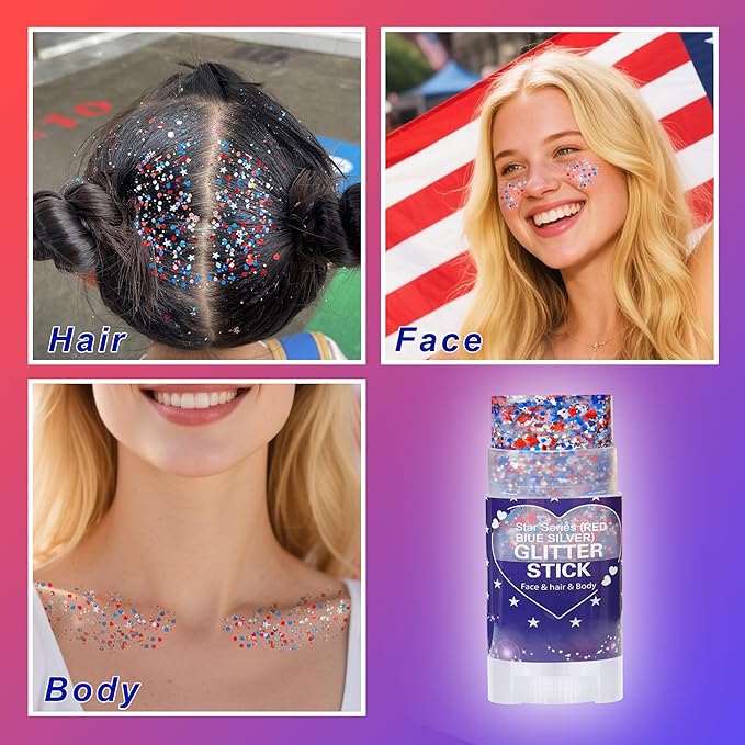 Red White Blue Hair Glitter Stick,Patriotic Face Body Glitter,4th of July Accessories,Fourth of July Outfits for Women,Patriotic Day Memorial Day Waterproof Chunky Glitter Makeup