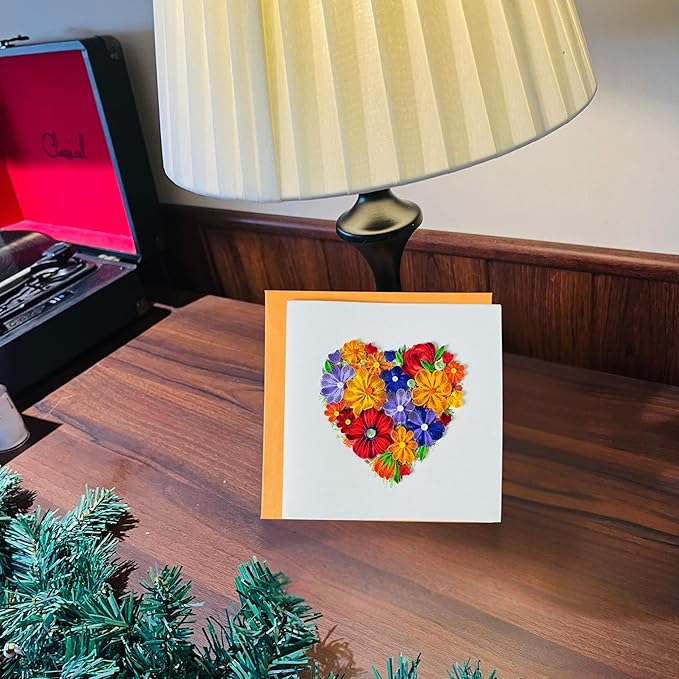 Quilling Cards, handmade card, quilled cards with Handmade Art for all occasions: quilling birthday card for women, Birthday card, mother... colorful heart design (Colorful flowers)