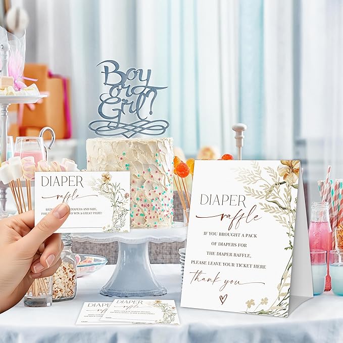Flower Diaper Raffle Game, Diaper Raffle Tickets for Baby Shower, Floral Gender Neutral Tickets for Baby Shower Party Favor Decorations Supplies (1 Sign + 50 Cards)