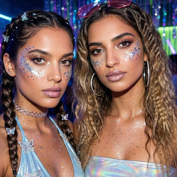 Silver Face Hair Glitter,Cheer Holographic Silver Body Glitter,Rave Music Festival Singer Concert Accessories,Mardi Gras Outfit for Women,Halloween Cosplay Shimmer Makeup