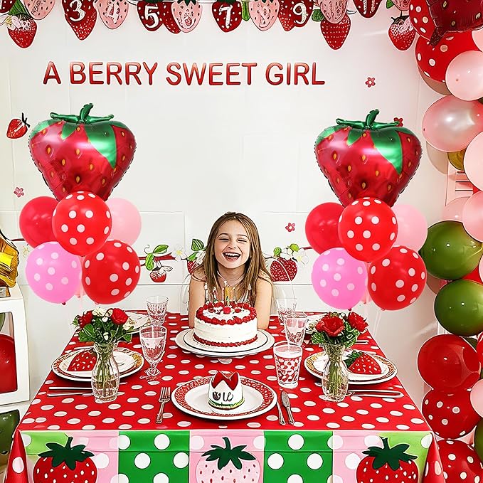 Strawberry Balloon Stand for Table Centerpiece Stand Kit 2 Sets with 2 Strawberry Foil Balloons and 14 Latex Pastel Balloons for Strawberry Themed Birthday Party Decorations