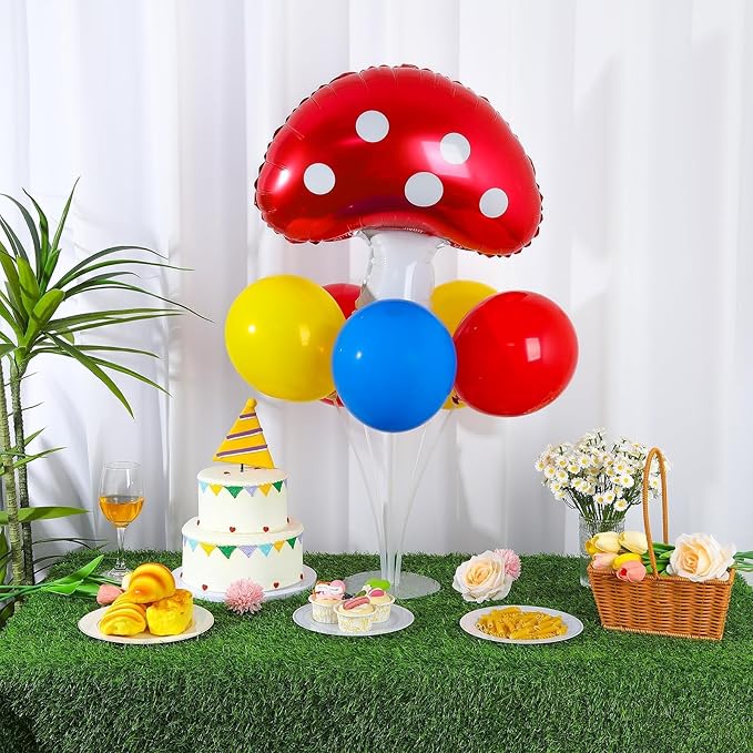 Mushroom Party Balloons Stand Kit 2 Sets with 2 Mushroom Foil Balloons Super Themed Brothers Balloon Centerpiece for Tables Spring Forest Plant Birthday Video Game Party Decorations
