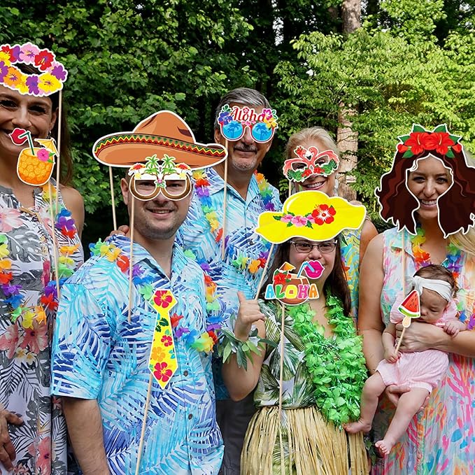 30 Pieces Luau Photo Booth Props Party Decorations Photo Props Hawaiian Themed Party Decorations Tropical Tiki Party Favors for Hawaiian Summer Pool Beach Birthday Wedding Party Supplies (Yellow)