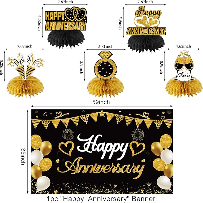 Happy Anniversary Decorations Kit - Black Gold Wedding Party Supplies - Large Banner, Backdrop, Table Centerpieces, Hanging Swirl, Paper Pompoms Decors