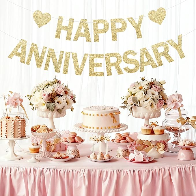 Happy Anniversary Glitter Banner - No DIY - Champagne Gold Happy Anniversary Decorations Banner for Romantic Wedding Birthday Party Decorations