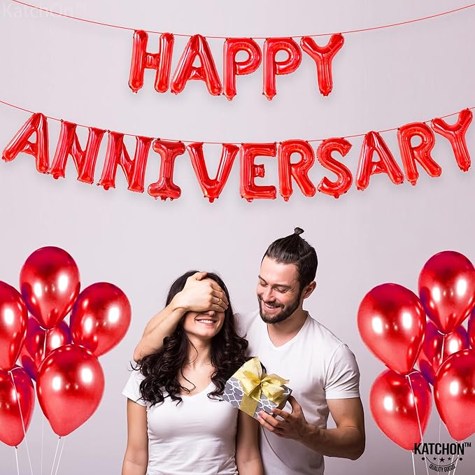 KatchOn, Red Happy Anniversary Balloons Banner - 16 Inch | Happy Anniversary Decorations | Red Happy Anniversary Backdrop