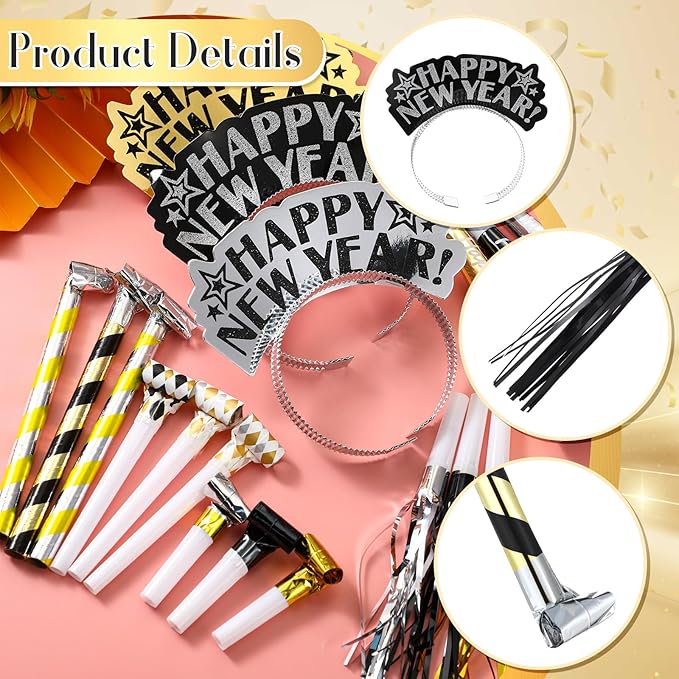 Lenwen 18 Pcs Happy New Years Eve Party Supplies New Year Noise Makers Headband Tiara Party Horn Blowers Whistles Fringed Noisemaker Novelty Favors for Adult Decoration(Multicolor)