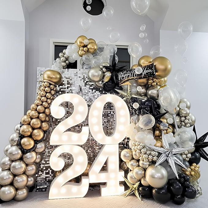 New Years Balloon Garland Arch Kit Black and Gold Explosion Star Balloons Black Pearl White Champagne Gold Balloon for Happy New Year Eve 2026 Grad Birthday Retirement Baby Shower Party Decor
