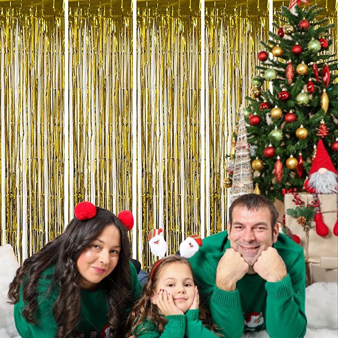 5 Pck Golden Foil Curtain Backdrop Metallic Tinsel Foil Fringe Curtains Photo Booth Props for Birthday Wedding Engagement Bachelorette Christmas Holiday Celebration Party Decorations Supplies