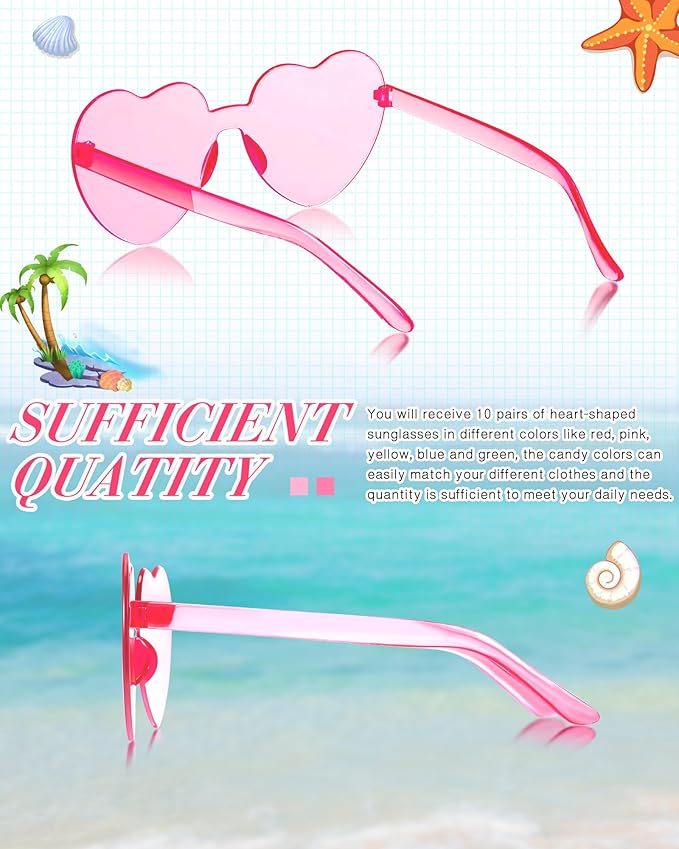 TOODOO 10 Pairs Heart Shaped Sunglasses Rainbow Sunglasses Candy Color Rimless Glasses for Women Girl Party Favor