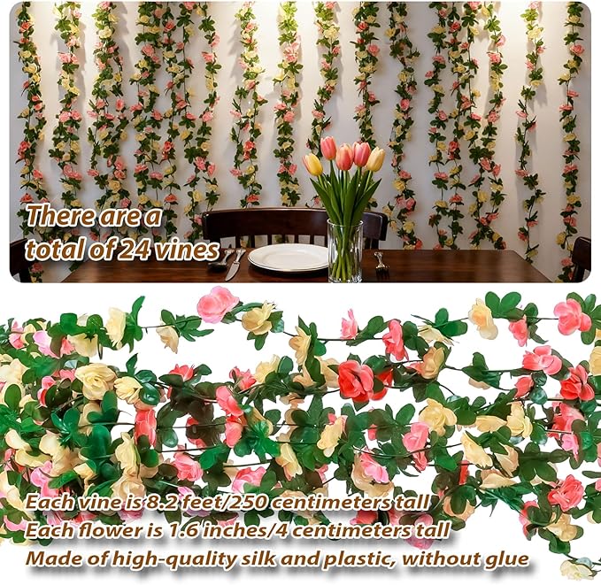 Miracliy 8Pcs 66FT Flower Garland, Orange and Champagne Artificial Rose Floral Vines Fake Hanging Spring Flower Garland for Wall Backdrop Wedding Arch Tea Party Door Mantle Decoration