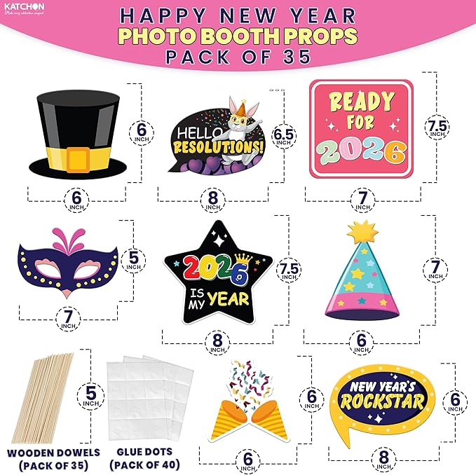KatchOn, New Years Photo Booth Props 2026 with Bye Bye 2025 - Pack of 35 | New Years Eve Photo Booth Props for Happy New Years Decorations 2026 | New Years Eve Party Supplies 2026 | NYE Decorations