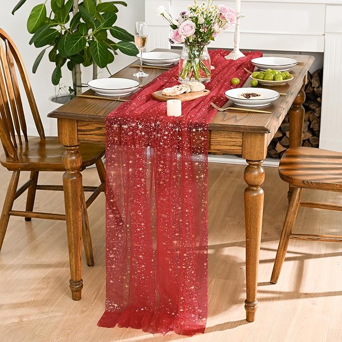 Horaldaily Red Gold Sparkling Star Gauze Tablecloth 60x84 Inch Rectangular, Golden Star Sequin Glitter Metallic Foil, Sheer Tulle Cheesecloth for Wedding Baby Shower Party