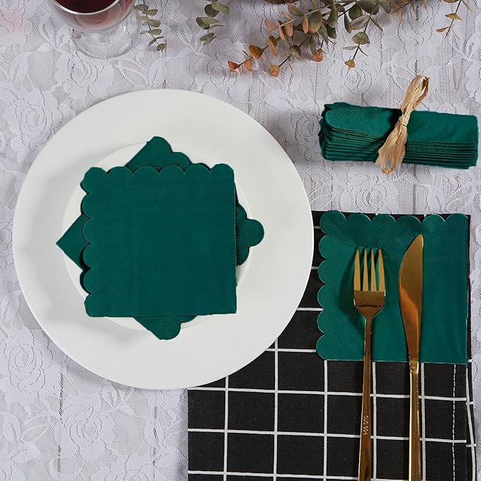100 Pack Cocktail Napkin 2-Ply Scalloped Edged Dessert Napkins Folded 5 x 5 Inches Disposable Napkins for Dinner Wedding Birthday Party Bridal Anniversary Reception Event (Dark Green)