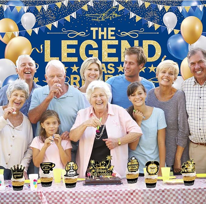 Blue Gold The Legend Has Retired Banner Backdrop Photography Background Hanging Happy Retirement Party Decoration for Men Women Office Colleagues Farewell Accessories Supplies 72.8 * 43.3in