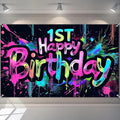 Neon 1st Happy Birthday Banner 71x43 Inch Paint Splatter Backdrop Colorful Wall Decorations for Kids Boys Girls First Birthday Photo Booth Background Supplies and Event Decor