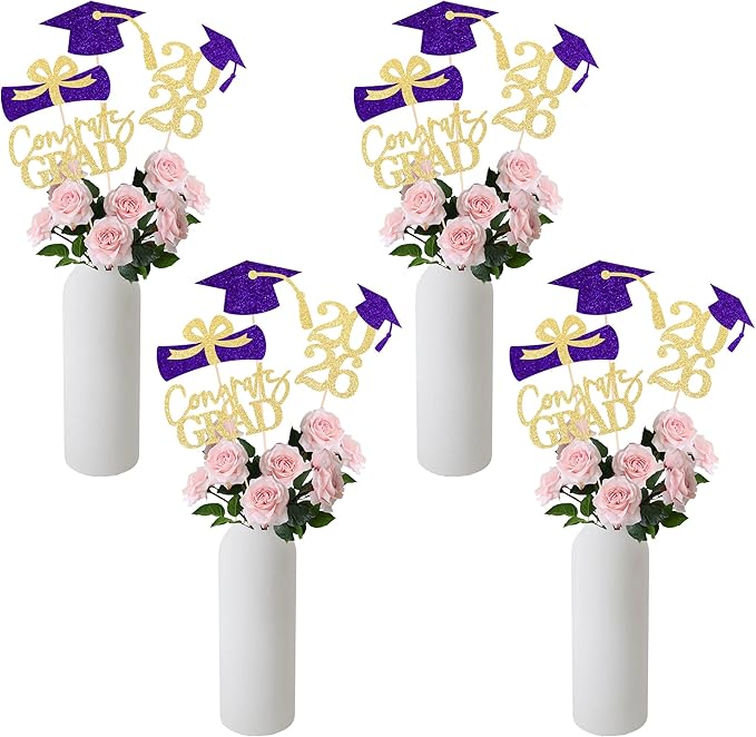 Gexolenu 16 PCS Gold and Purple Double-Sided 2026 Graduation Centerpieces for Tables, 2026 Table Toppers Party Centerpiece Sticks Party Supplies, Graduation Party Decorations Class of 2026, Set of 4