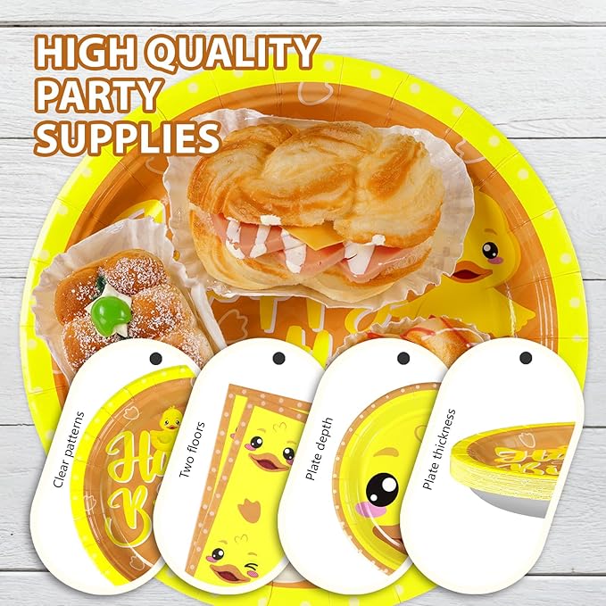 96Pcs Duck Birthday Party Decorations Cartoon Yellow Duck Themed Plates and Napkins Tableware Set Duckie Baby Shower Party Decorations for Gender Reveal One Lucky Ducks Birthday Supplies Serve 24