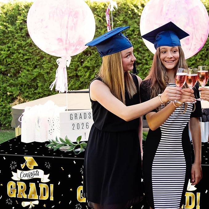 2Pack Graduation Decorations 2026, 108" X 54" Graduation Tablecloth, Blackgold Rectangle Class of 2026 Table Cloths, Disposable Plastic Congrats Grad Tablecover for Grad Party Favors Supplies