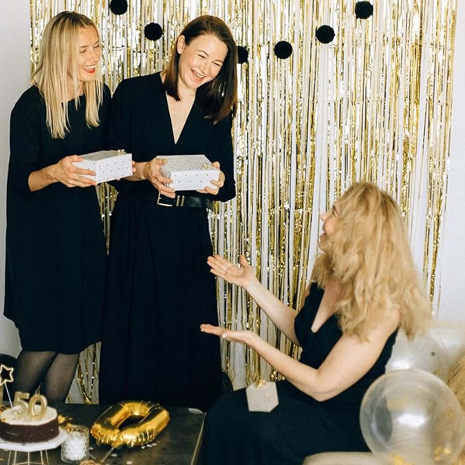 QRabbit 4 Pack Foil Fringe Curtains, Gold Metallic Tinsel Party Streamers Curtains, Backdrop Curtain for Birthday Graduation Engagement Wedding Bachelorette Baby Shower Party Decorations