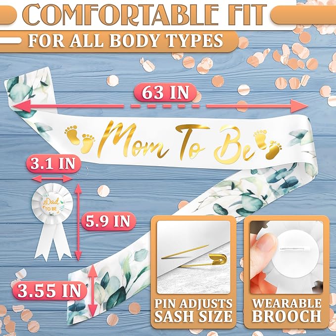 Mom to Be Sash Baby Shower - Soft Satin Mommy to Be Sash for Baby Shower & Dad to Be Pin, Exquisite Sage Greenery Ornament & Gold Letters - Gender Reveal Decorations Neutral Colors for Boys & Girls