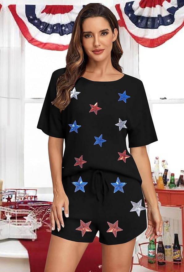 VILOVE 4th of July 2 Piece Sequin Outfits Women 250 Anniversary Usa Shirts and Short Sets Casual Patriotic Shirt Summer Set