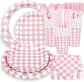 200 Pcs Light Pink Gingham Party Supplies Pink and White Scalloped Paper Plates and Napkins Cups Disposable Gingham Checkered Plaid Dessert Plates Tableware Set for Baby Shower Wedding BBQ