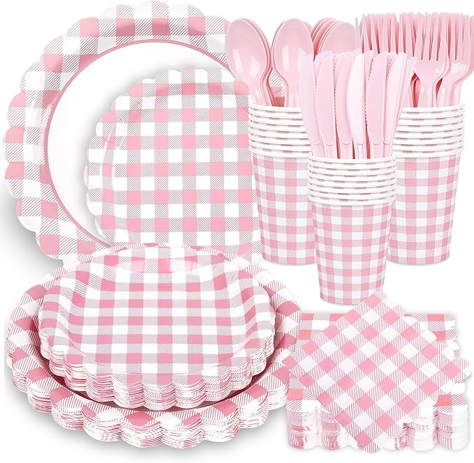 200 Pcs Light Pink Gingham Party Supplies Pink and White Scalloped Paper Plates and Napkins Cups Disposable Gingham Checkered Plaid Dessert Plates Tableware Set for Baby Shower Wedding BBQ