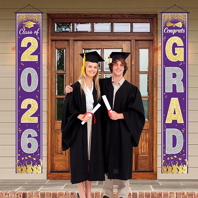 OHOME Graduation Decorations 2026 - Purple Gold Congrats Grad Porch Banner for Graduation Party Decorations - Class of 2026 - Party Favors Supplies Backdrop Yard Signs Decor (Purple)