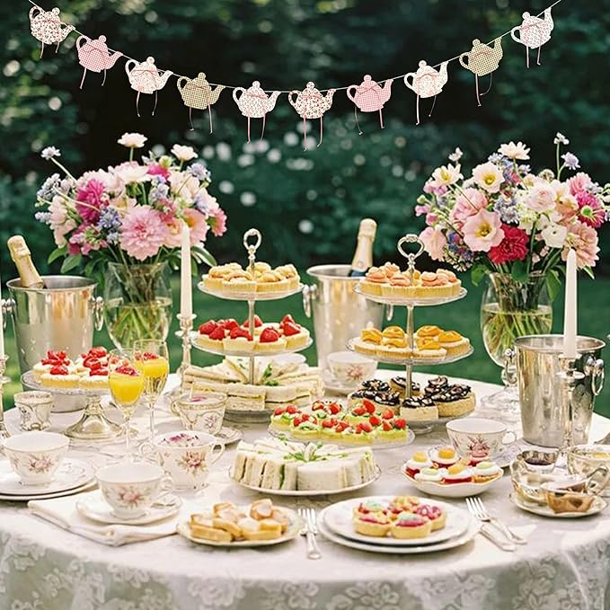 Tea Party Decoration Banner Vintage Garden Teapot Decor, Floral and Gingham Pattern Tea Cup Banner,Tea Party Supplies for Girls, Princesses, Parties, Bridal Showers, Birthday Decor
