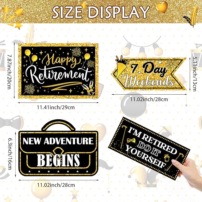 Hooqict Retirement Party Decorations 20 Pieces Happy Retirement Party Signs for Black and Gold Retirement Theme Party Decor Directional Banner Sign Retirement Birthday Party Supplies