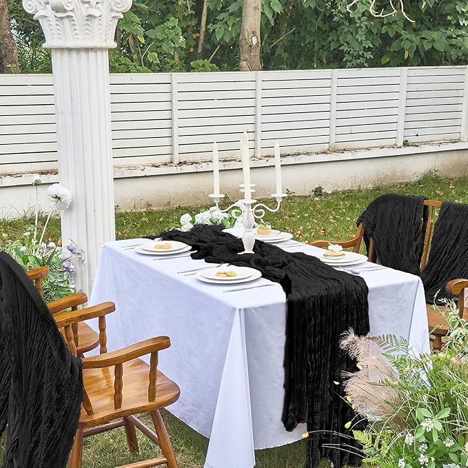 IVAPUPU 2 Pcs Cheesecloth Table Runner - 10ft Black Easter Spring Boho Gauze Black Cheese Cloth Table Runners for Indoor Baby Shower Decoration Wedding Party Garden Decor