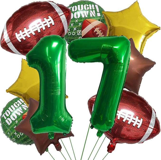 Football Balloons Foil Football Birthday Decorations Balloons Green Number 17 Balloon Gold Brown Star Touchdown Ballons for Rugby Birthday Decorations Sports Ballons Arch Kits Party Balloon Sets 10pcs