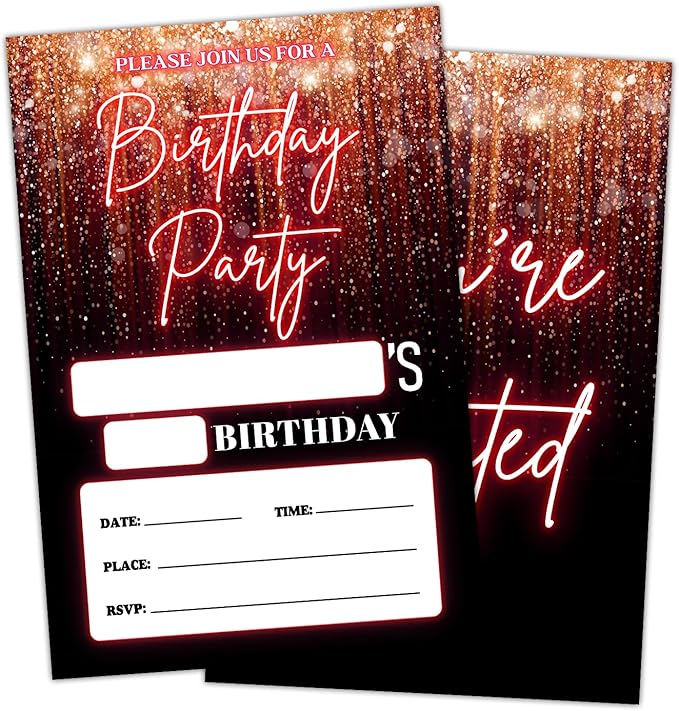 Pink and Glitter Birthday Party Invitation Cards for Boys Girls, Birthday Celebration Party Invite Cards Supplies, 20 Double-Sided Fill In Invites With Envelopes -17