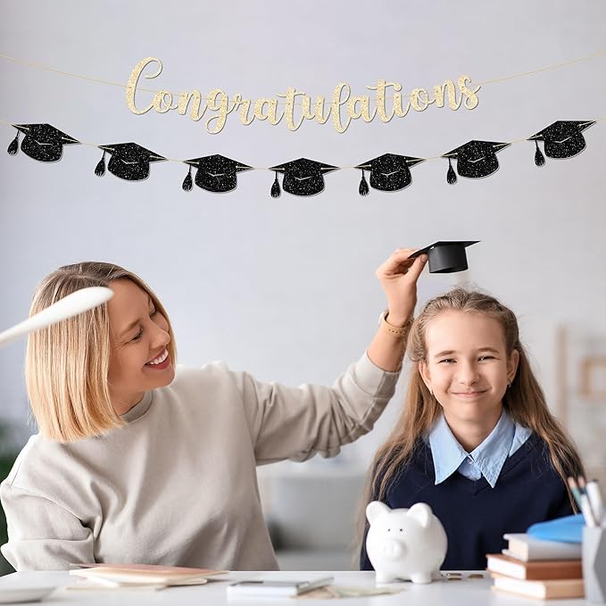 Congratulations Banner - 9 ft Pre-Strung Graduation Banner, Graduation Party Decorations & Decor for Elementary, 5th Grade, 8th Grade, High School, College, Congrats Grad Sign