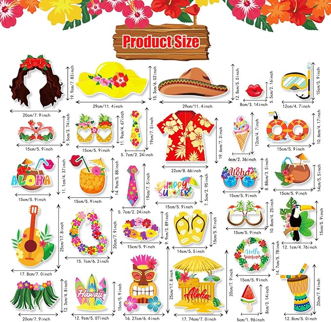 30 Pieces Luau Photo Booth Props Party Decorations Photo Props Hawaiian Themed Party Decorations Tropical Tiki Party Favors for Hawaiian Summer Pool Beach Birthday Wedding Party Supplies (Yellow)