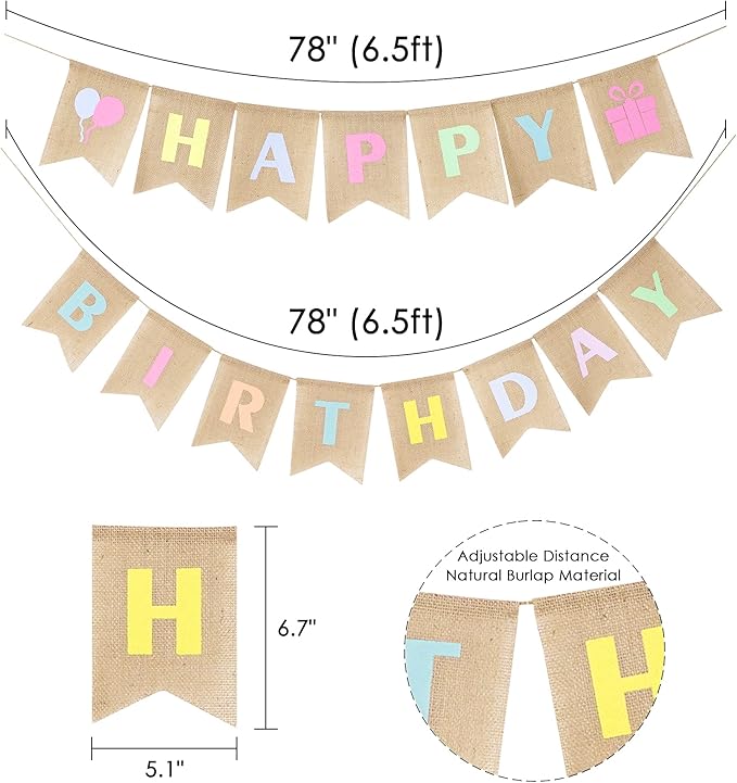 HUIHUANG Happy Birthday Burlap Banner - Colorful Pastel Bunting Banner Garland Flags for Rustic Birthday Party Decorations