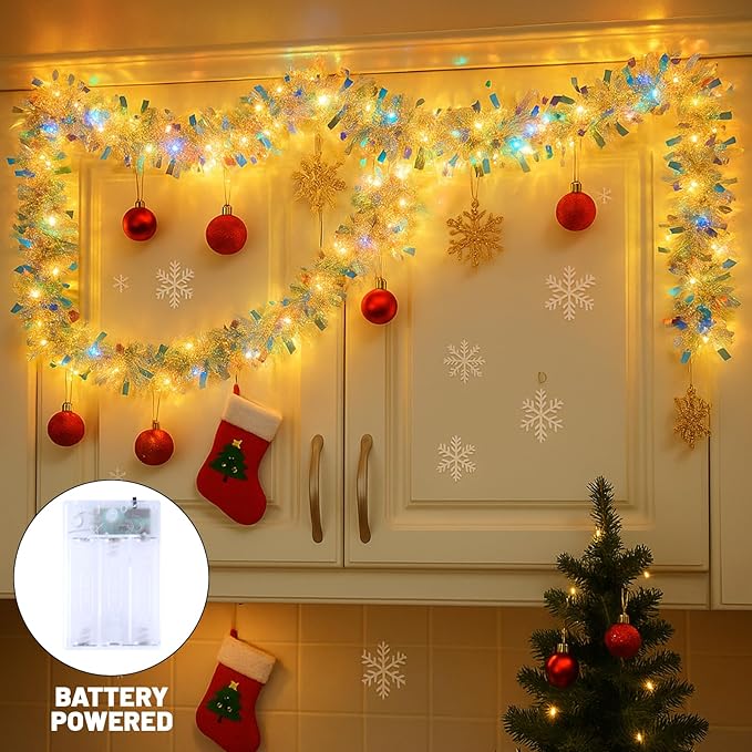 LAWOHO 2 Pack 6.5FT Christmas Tinsel Garland with Lights, Shiny Iridescent Foil Garland for Valentines Day, Christmas Tree, Wedding Birthday Party, New Year Holiday, Indoor Outdoor Hanging Home Decor