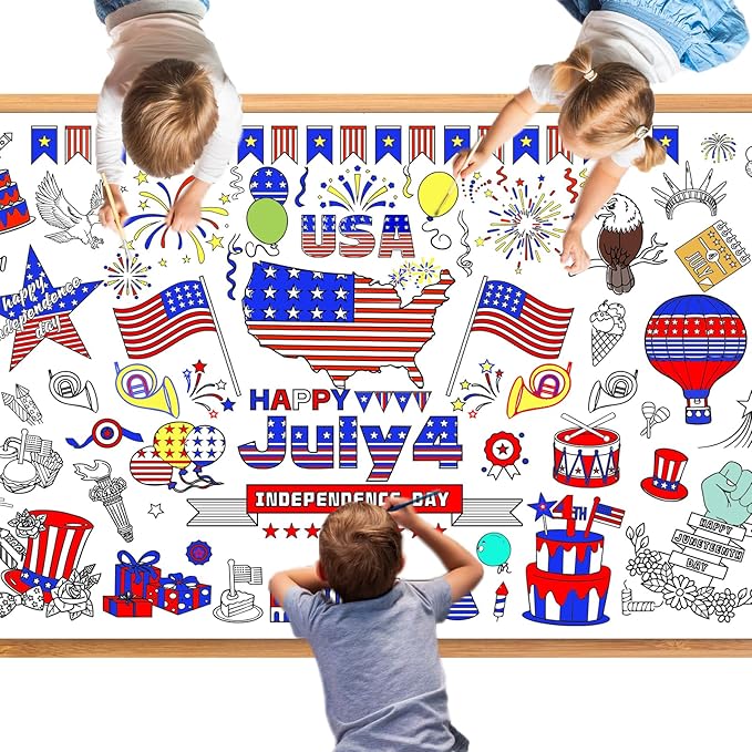 4th of July Coloring Tablecloth Patriotic Giant Poster 30x72 Inch Independence Day Coloring Poster DIY Statue of Liberty American Flag Themed, for School Classroom Wall Home Party Suppiles