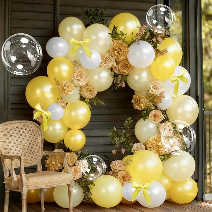 Yellow Balloon Arch Kit, Double Stuffed Pearl White Pastel Light Yellow Balloons with Bow Clear Balloon Arch Kit for Birthday Wedding Bridal Bee Baby Shower Sunflower Lemon Party Decor