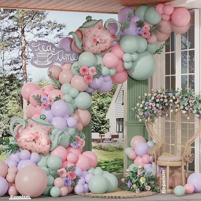 Green and Pink Balloon Garland 134Pcs Dusty Green Pink and Purple Balloons Arch Kit with Teapot Foil Balloon for Spring Tea Party Lets Partea Baby Shower Birthday Party Decorations