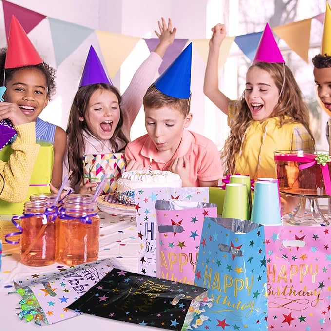 40pcs Party Favor Bags for Kids Birthday Goodies Bags, Plastic Gift Bags for Kids Girls Boys Candy Birthday Party Favor Gift Wraps (40pcs star pattern 4colors)