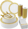 210 Count Gold Plastic Dinnerware, Gold Disposable Plates, Includes: 30 Dinner & 30 Dessert Plates & 30 Cups & 30 Paper Napkins & 30 Plastic Silverware Set -for Thanksgiving, Christmas, Parties