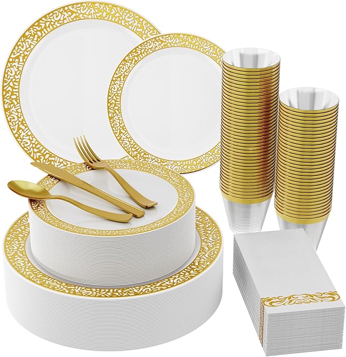 210 Count Gold Plastic Dinnerware, Gold Disposable Plates, Includes: 30 Dinner & 30 Dessert Plates & 30 Cups & 30 Paper Napkins & 30 Plastic Silverware Set -for Thanksgiving, Christmas, Parties