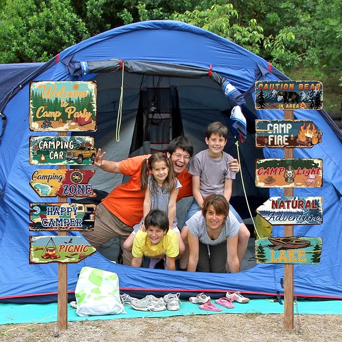 Hooqict 20 Pieces Camping Party Decorations Camping Themed Party Directional Signs for Summer Camp Day Classroom Welcome to Camp Birthday Decor Picnic Yard Sign