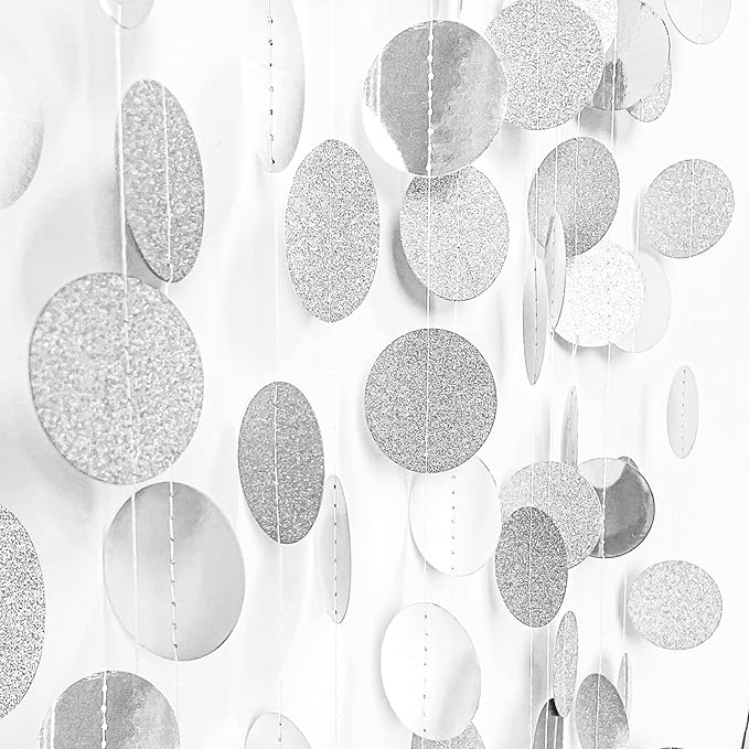 MIAHART 4 Pcs Circle Dots Garland 52 Feet Silver Decorations Party Garland Hanging Banner for Birthday Baby Shower Wedding Christmas Party Decor